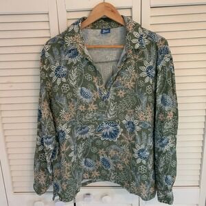 RipSkirt Floral Batik Split V-Neck Popover Top 100% Cotton Gauze Green Women XL